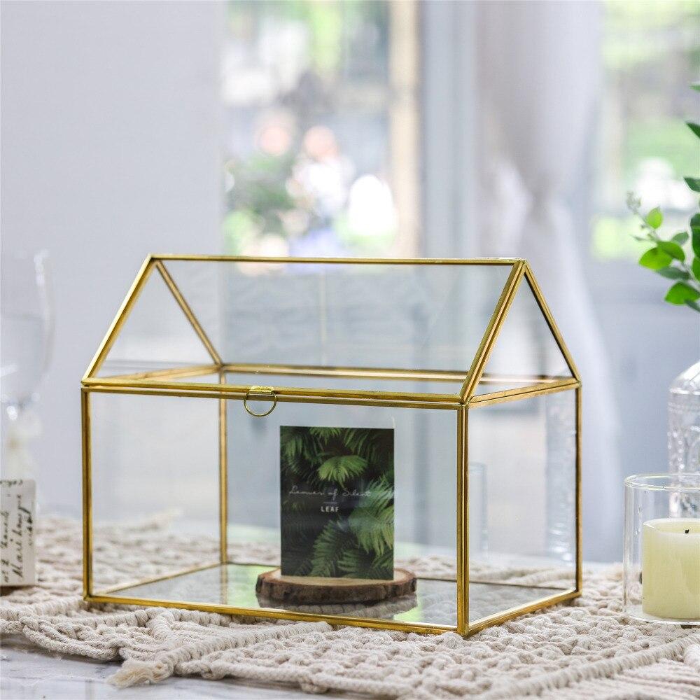 Handmade Gold House Shape Glass Geometric Terrarium  Card Wishwell Reception Box for Wedding Ceromony - ncypgarden.uk