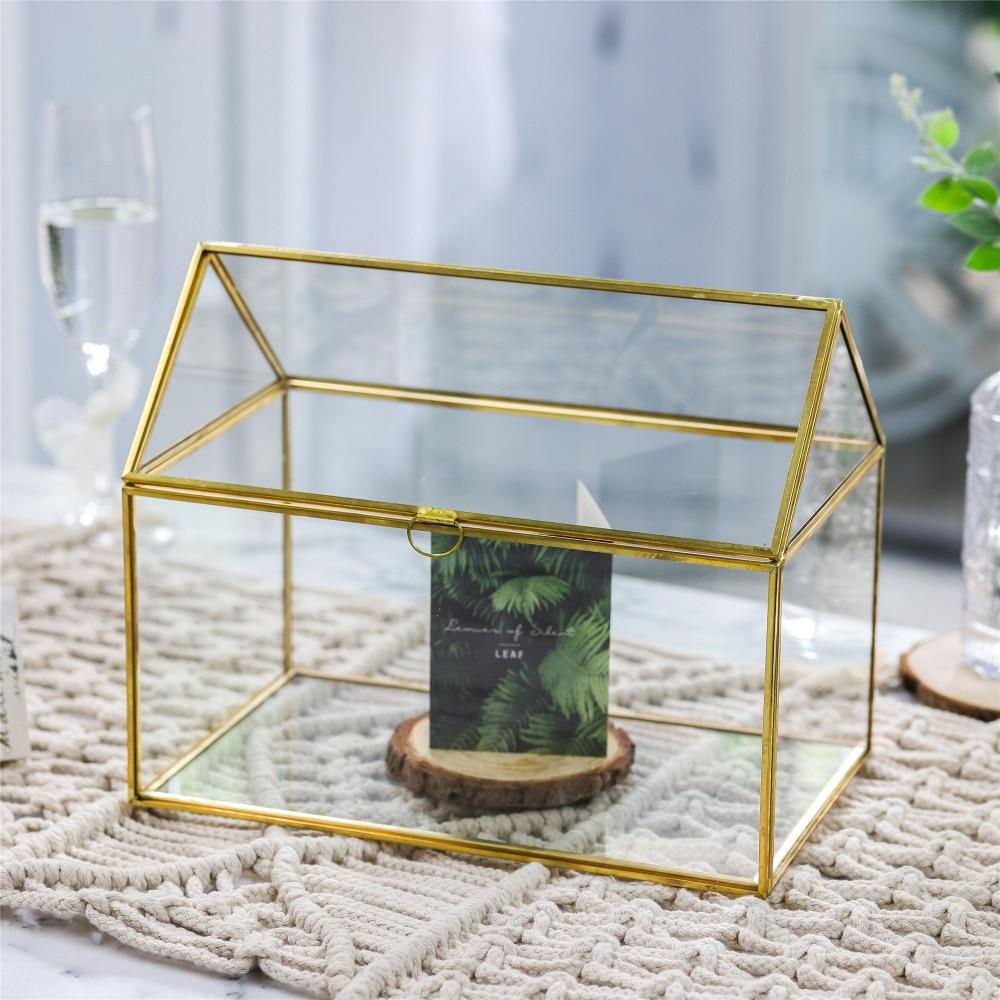 Handmade Gold House Shape Glass Geometric Terrarium  Card Wishwell Reception Box for Wedding Ceromony - ncypgarden.uk