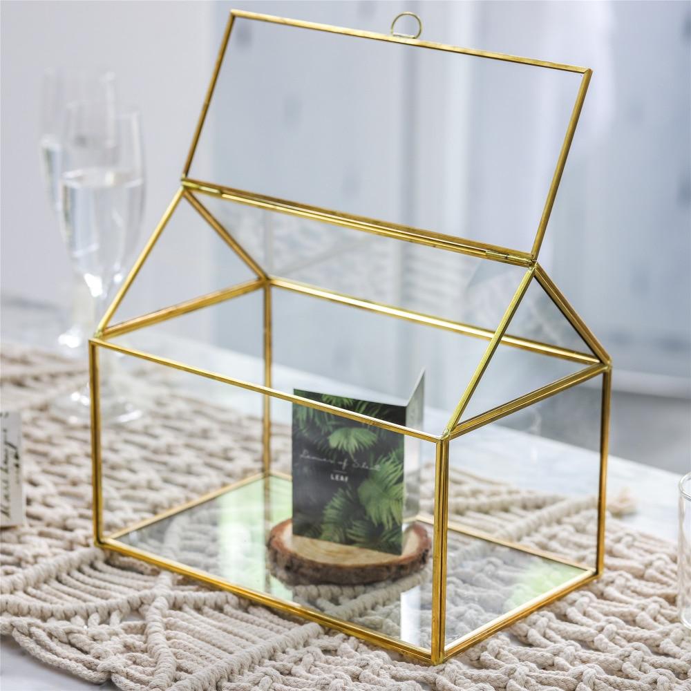 Handmade Gold House Shape Glass Geometric Terrarium  Card Wishwell Reception Box for Wedding Ceromony - ncypgarden.uk