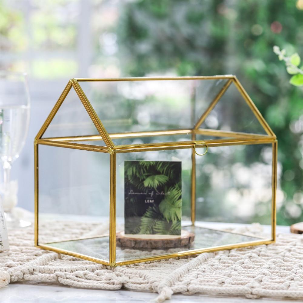 Handmade Gold House Shape Glass Geometric Terrarium  Card Wishwell Reception Box for Wedding Ceromony - ncypgarden.uk