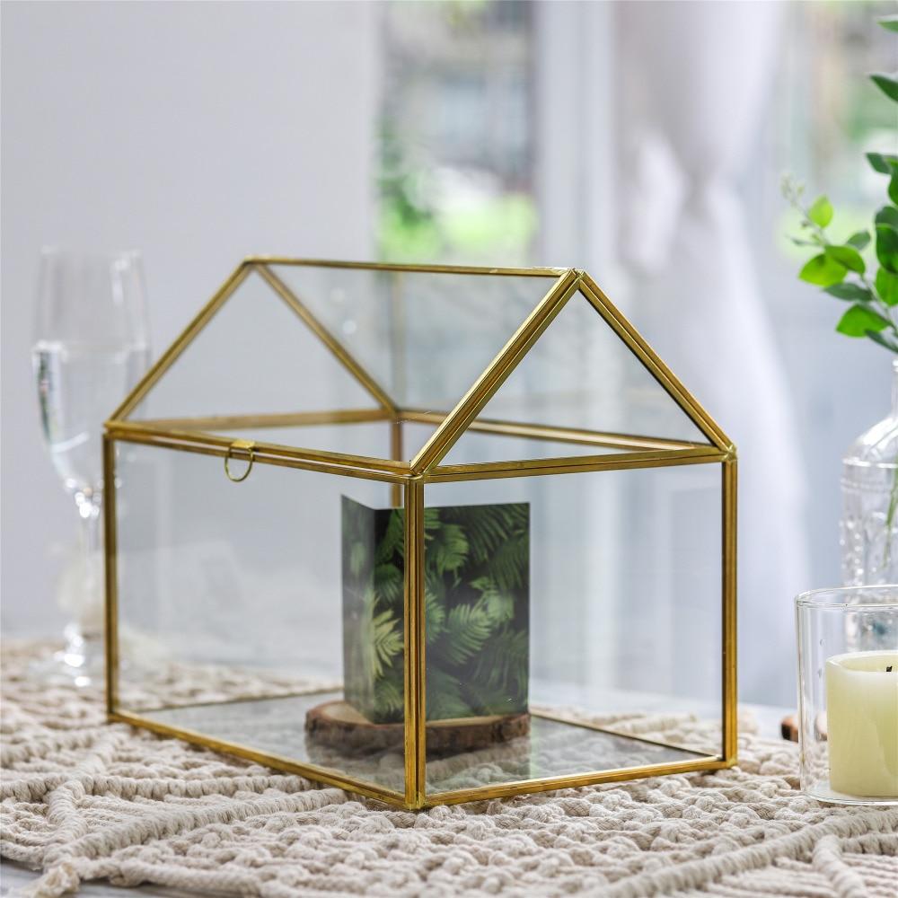 Handmade Gold House Shape Glass Geometric Terrarium  Card Wishwell Reception Box for Wedding Ceromony - ncypgarden.uk