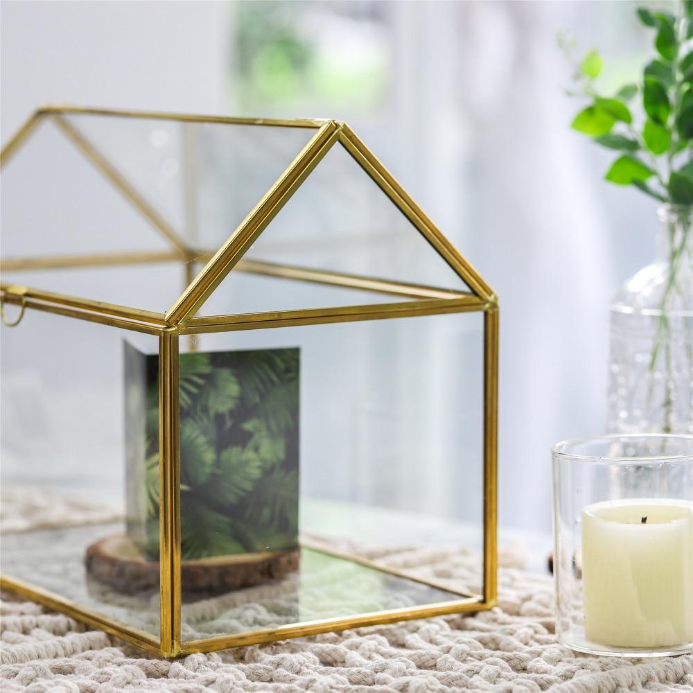 Handmade Gold House Shape Glass Geometric Terrarium  Card Wishwell Reception Box for Wedding Ceromony - ncypgarden.uk